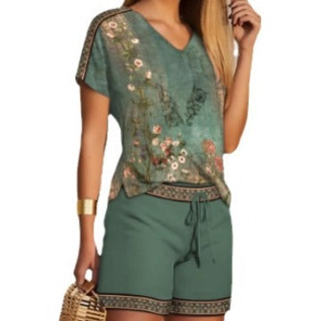 Damen Freizeitoberteil mit floralem Print und passender Shorts Stalluxe