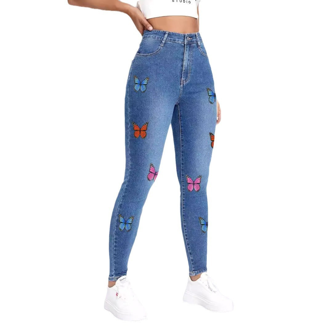 Damen Slim Fit Jeans mit buntem Schmetterlingsmotiv und hohem Bund Stalluxe
