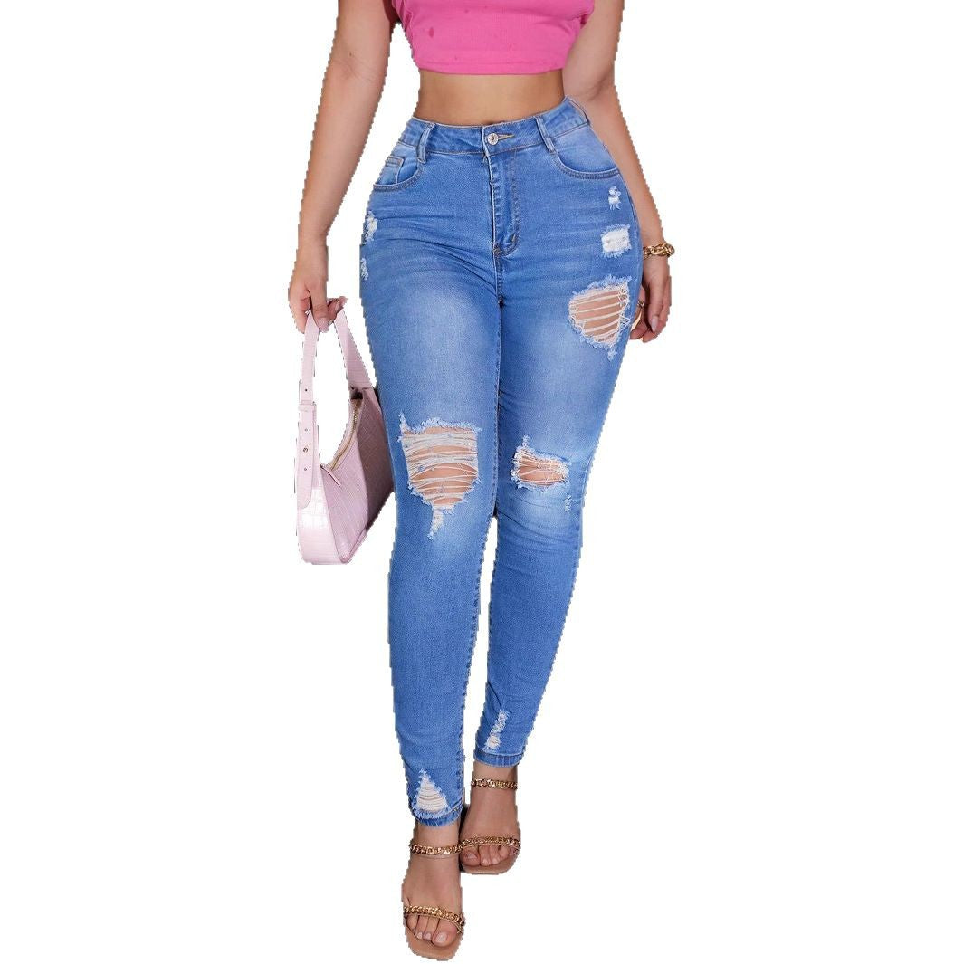 Damen Hoch taillierte Ripped Skinny-Jeans mit elastischem Bund und modischen Details Stalluxe
