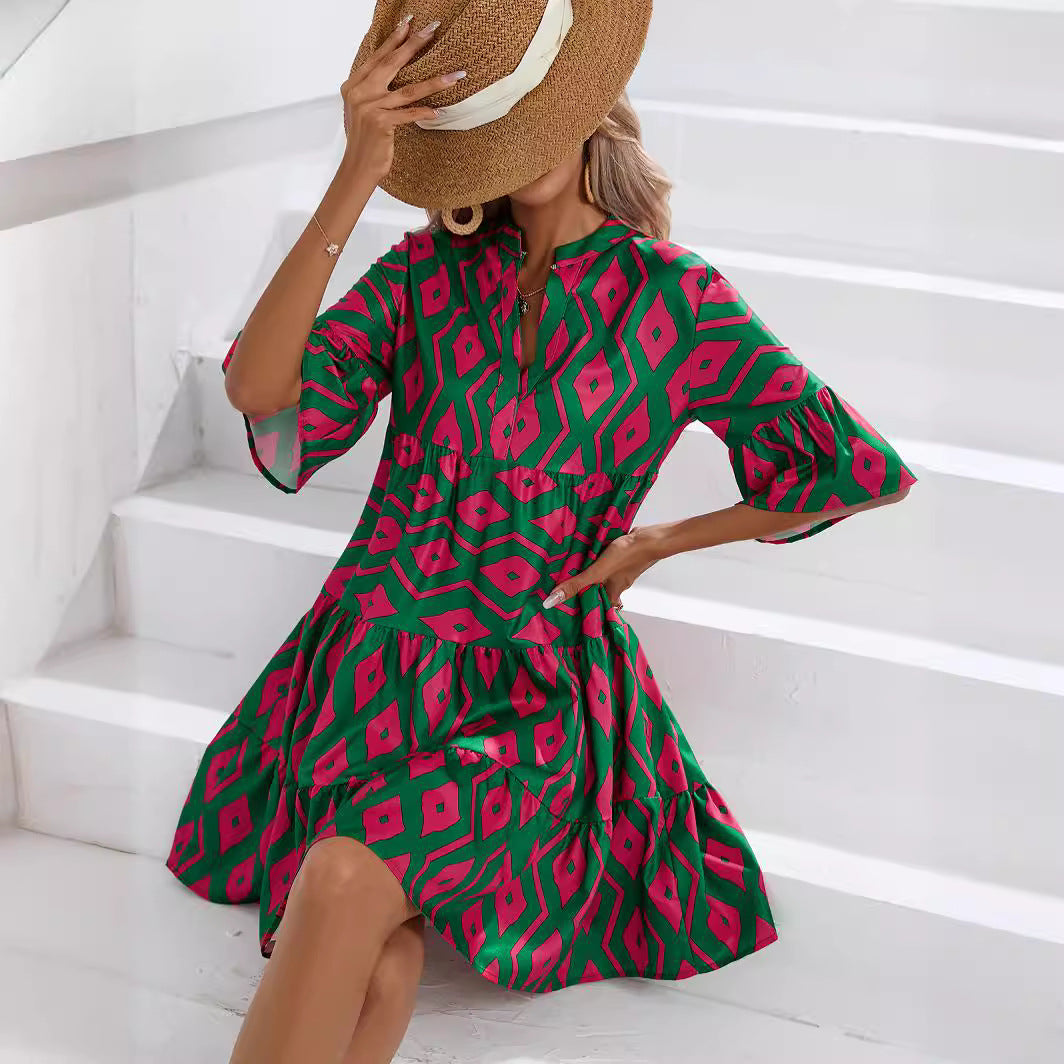 Damen Hemdblusenkleid mit voluminösen Volantärmeln und verspielt floralem Muster Stalluxe