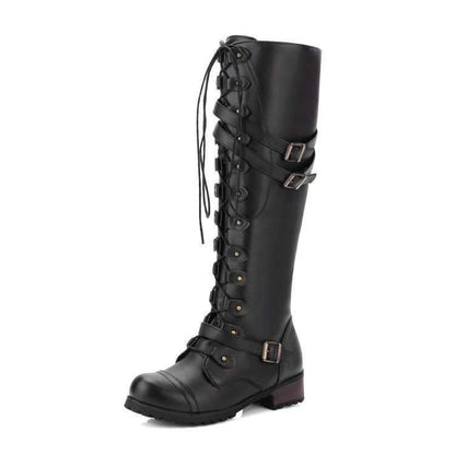Damen Lange Schnürstiefel mit modischen Riemen Stalluxe