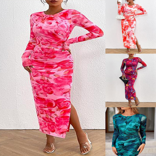 Damen Figurbetontes Langarmkleid mit floralem Muster und seitlichem Schlitz Stalluxe