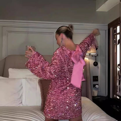 Damen Glitzerndes Party-Kleid mit weitem Schnitt und voluminösen Ärmeln Stalluxe