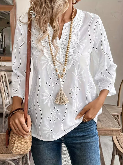 Damen bestickte Bluse mit elegantem V-Ausschnitt und 3/4-Ärmeln Stalluxe
