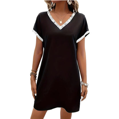Damen lässiges V-Ausschnitt Kleid mit dekorativem Saum Stalluxe