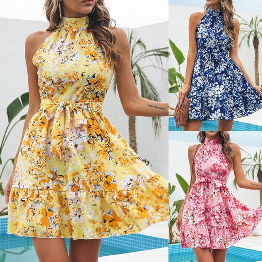 Damen Sommerliches Freizeitkleid mit hochgeschlossenem Kragen und Rüschensaum Stalluxe