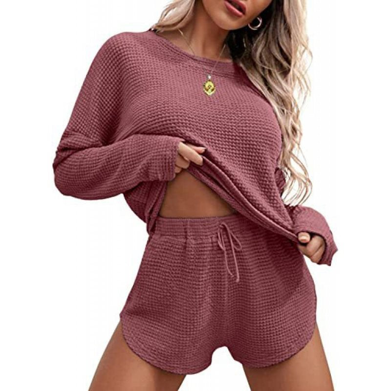 Damen lässiges Waffelstrick-Outfit mit komfortablem Crop-Oberteil und Shorts Stalluxe