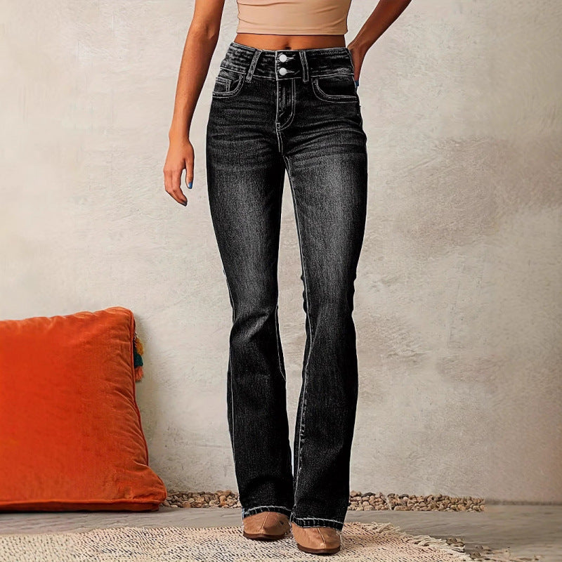 Damen Bootcut Jeans mit hohem Bund und modischen Knöpfen Stalluxe