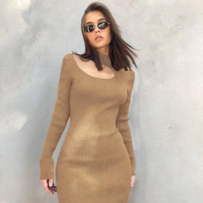 Damen Rippstrick-Midikleid mit Ausschnitt und langem Ärmel Stalluxe