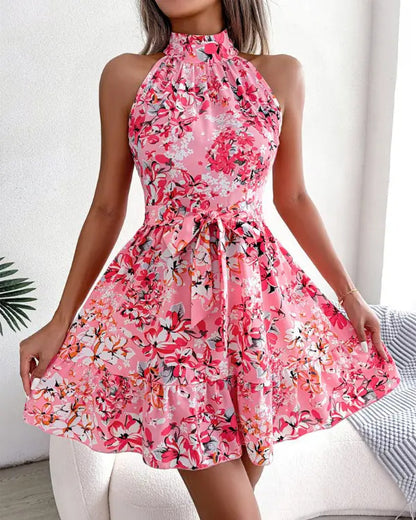 Damen ärmelloses Blumenkleid mit Rüschen und hochgeschlossenem Design Stalluxe