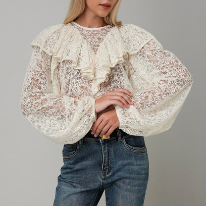 Damen Bluse mit voluminösen Rüschen und Spitzenmuster Stalluxe