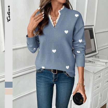 Damen Strickpullover mit Herzmuster und V-Ausschnitt Stalluxe