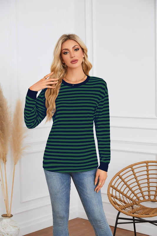 Damen gestreiftes Langarmshirt mit Rundhalsausschnitt Stalluxe