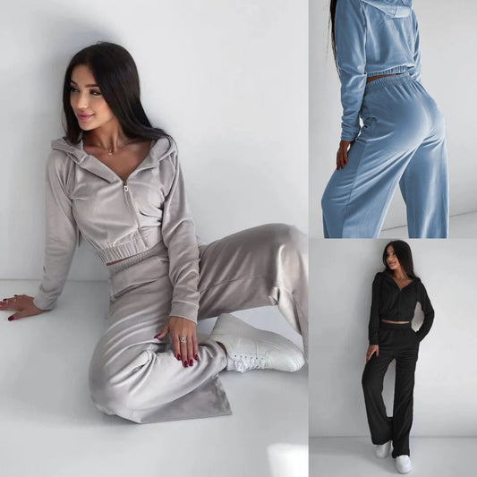 Damen modischer Velours-Cropped-Hoodie und weite Sporthose Set Stalluxe