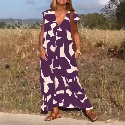 Damen lässiges Maxikleid mit kreativem Muster und tiefem V-Ausschnitt Stalluxe
