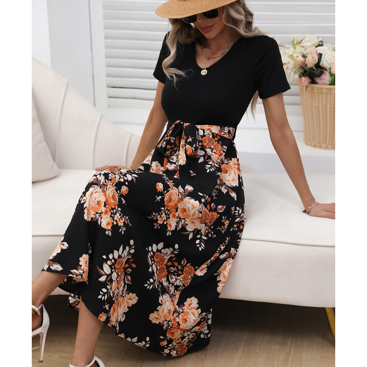 Damen Maxirock mit floralem Design und schmalem Taillengürtel Stalluxe