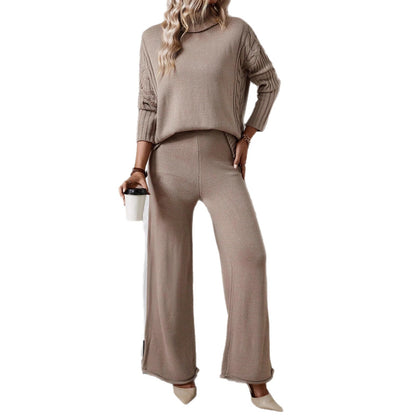Damen Stilvolles Strickset mit hohem Kragen und weiter Hose Stalluxe