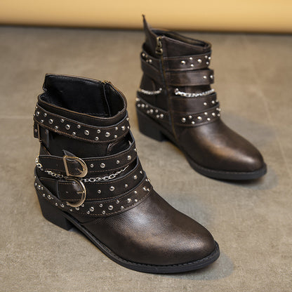 Damen modische Stiefeletten mit verzierten Riemen und Kettenelementen Stalluxe