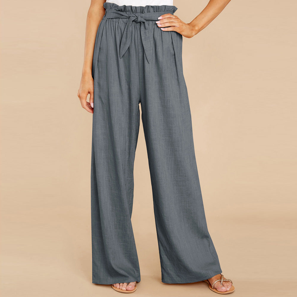 Damen weite Leinenhose mit hohem Bund und Gürtel auf Taillenhöhe Stalluxe