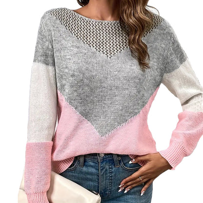Damen moderner Strickpullover mit kontrastierenden Farbblöcken und V-Ausschnitt Stalluxe