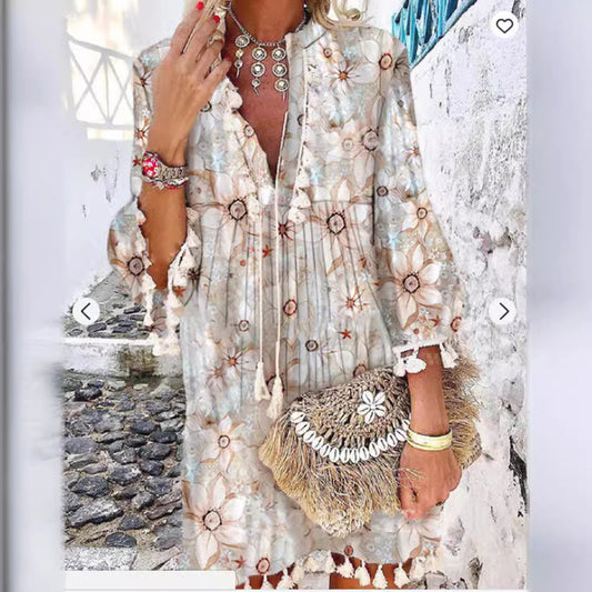 Damen Strandkleid mit hohem Kragen und romantischem Blumenmuster Stalluxe