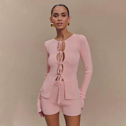 Damen Strick-Shorts-Set mit vielseitigem Lacing-Design Stalluxe Rosa