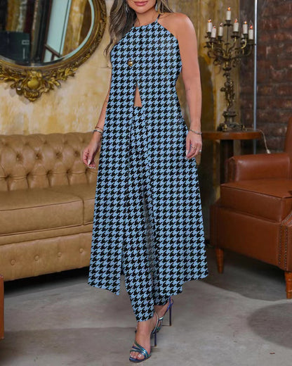 Damen Eleganter Overall mit hohem Kragen und modischem Karomuster Stalluxe