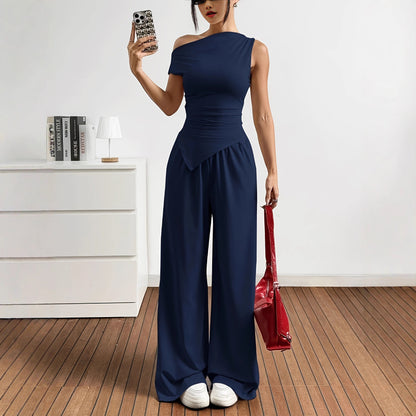 Damen Elegante Jumpsuit-Kombination mit asymmetrischem Oberteil und weitem Bein Stalluxe