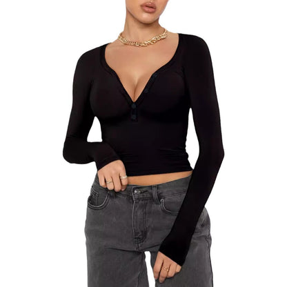Damen Langarmshirt mit V-Ausschnitt und Knopfdetails Stalluxe