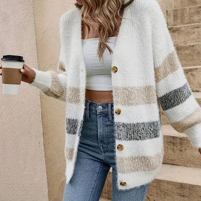 Damen Langstrickjacke mit modischem Streifenmuster und Holzknöpfen Stalluxe