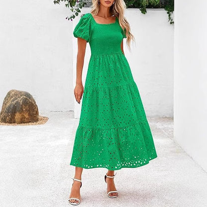 Damen Maxikleid mit dekorativem Lochmuster und Puffärmeln Stalluxe