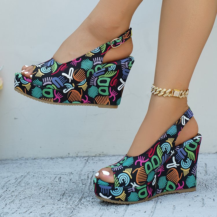 Damen Wedge-Pantoletten mit buntem Grafikdesign und verstellbarem Riemen Stalluxe