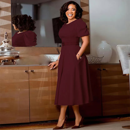 Damen Midikleid mit Puffärmeln und tailliertem Gürtel Stalluxe