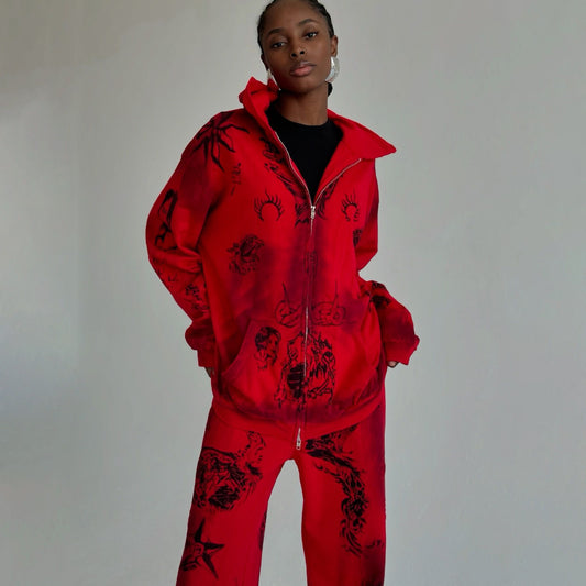 Damen Sportlicher Oversized Set mit einzigartigen Grafiken und Kapuze Stalluxe