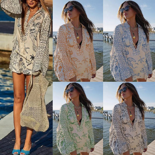 Damen lässige Strandbluse mit kunstvollem maritimem Druck und schickem V-Ausschnitt Stalluxe