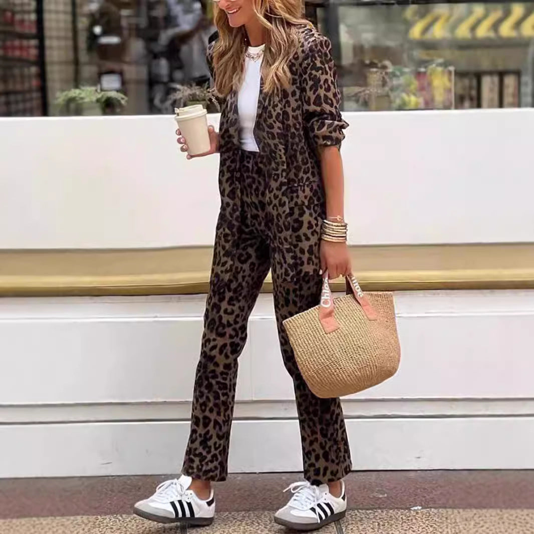 Women's Chic Animal Print Blazer and Trousers Set Stalluxe
