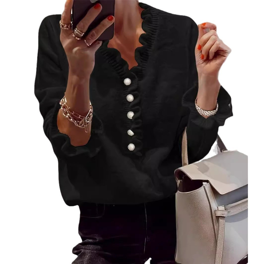 Damen Bluse mit Rüschensaum und dekorativen Knöpfen Stalluxe