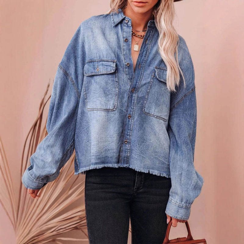 Damen Lässige Denimbluse mit Fransen und aufgesetzten Taschen Stalluxe