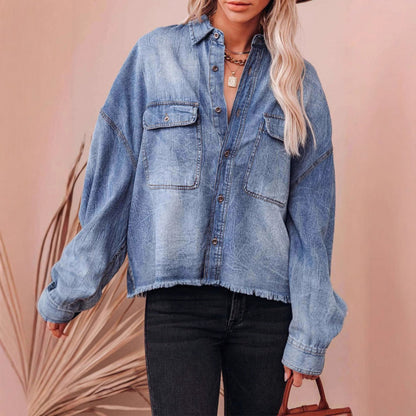 Damen Lässige Denimbluse mit Fransen und aufgesetzten Taschen Stalluxe