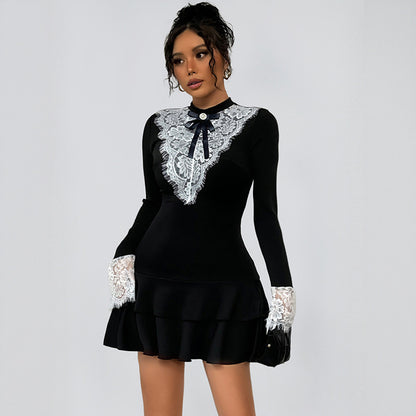 Damen elegantes Minikleid mit Spitzenkragen und Rüschendesign Stalluxe