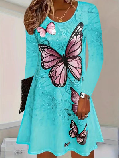 Damen Kleid mit kunstvollem Schmetterlingsdruck und luftiger Silhouette Stalluxe Himmelblau