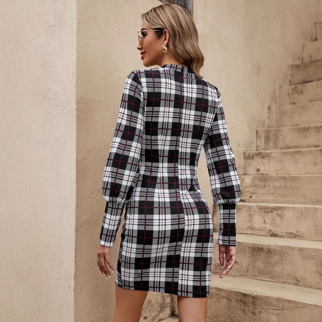Damen Karokleid mit eleganter Gürtelakzentuierung und Puffärmeln Stalluxe