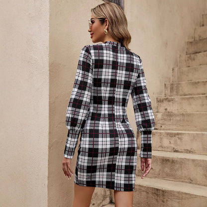 Damen Karokleid mit eleganter Gürtelakzentuierung und Puffärmeln Stalluxe