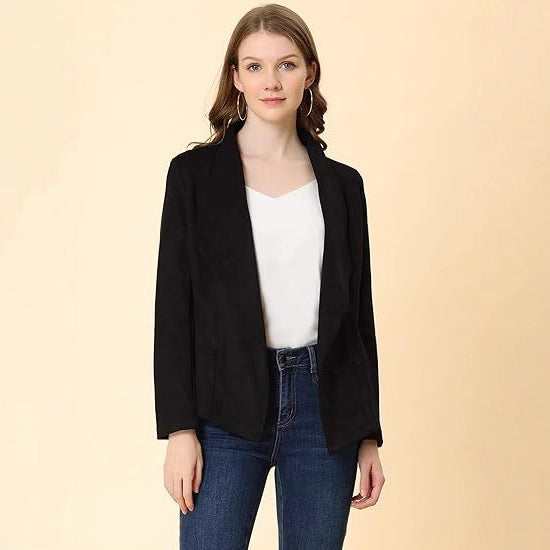 Damen modische Synthetiklederjacke mit offenem Schnitt und Taschen Stalluxe