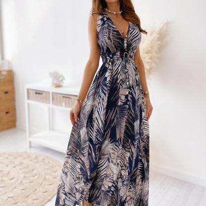 Damen Maxi Kleid mit elegantem Palmendruck und tailliertem Schnitt Stalluxe