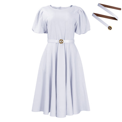 Damen Midi-Kleid mit Puffärmeln und Taillengürtel Stalluxe