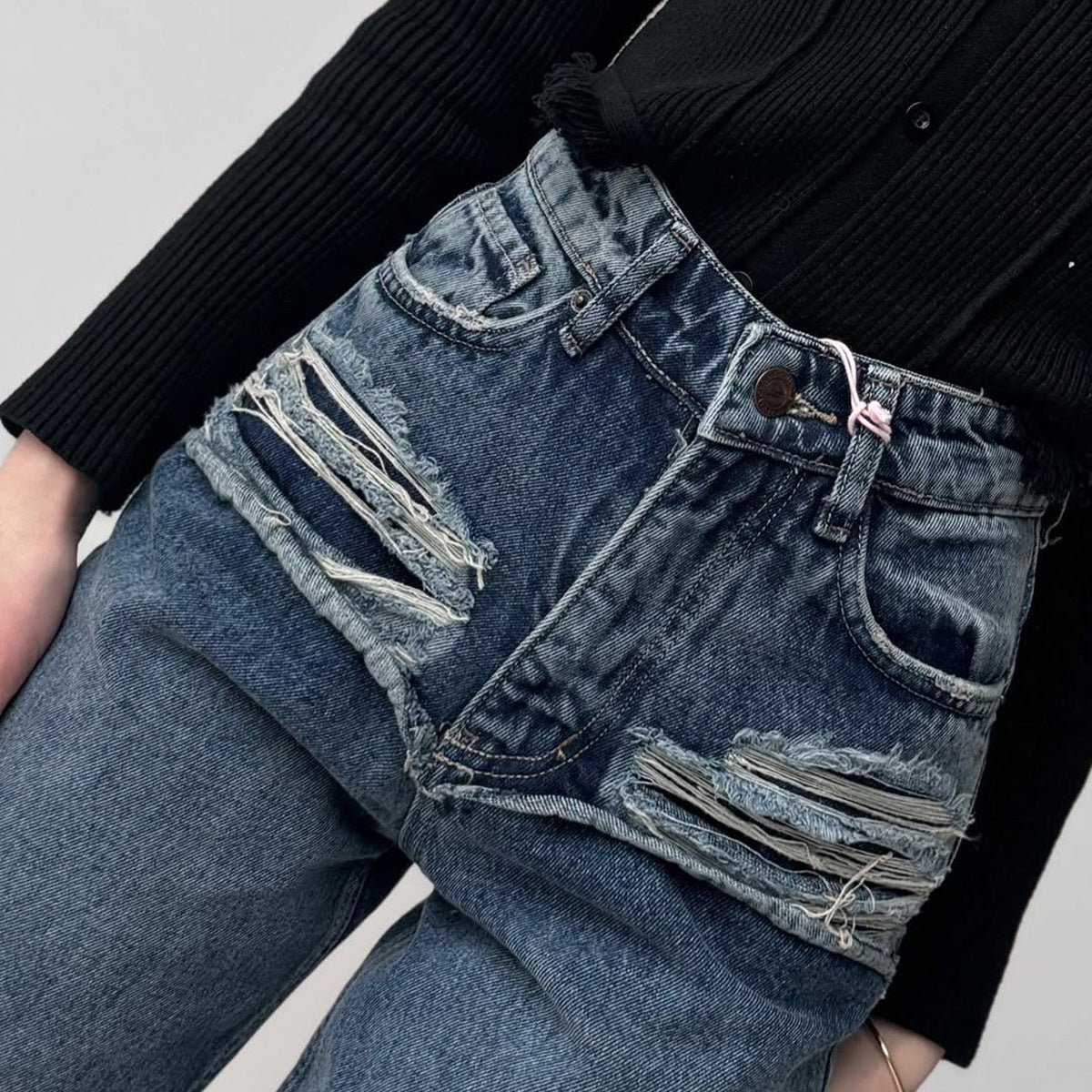 Damen Hohe Taillenjeans mit weitem Bein und Bindegürtel Stalluxe
