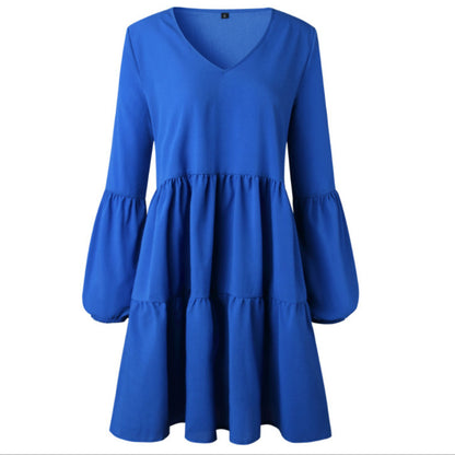 Damen fließendes Sommerkleid mit V-Ausschnitt und voluminösen Ärmeln Stalluxe