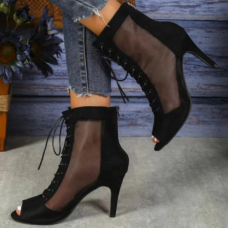 Damen Halboffene High Heel Stiefel mit transparentem Seiteneinsatz und Schnürung Stalluxe