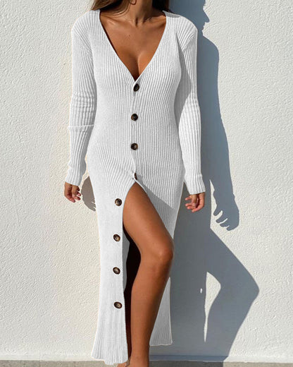 Damen Strickkleid mit Knopfleiste und Schlitzausschnitt Stalluxe